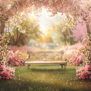 Peut inclure: Un banc blanc orné se trouve dans un jardin avec des fleurs roses et un arrière-plan flou.