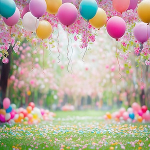 Puede incluir: Un telón de fondo que presenta una escena caprichosa de globos coloridos flotando en un jardín de flores rosa y blanco en flor. Los globos están atados con cintas y están dispuestos en un racimo, creando un ambiente festivo y alegre.
