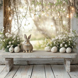 May include: A white wooden bench with a brown rabbit sitting on it. The bench is decorated with white flowers and Easter eggs. The background is a blurred image of a garden with green leaves and white flowers.