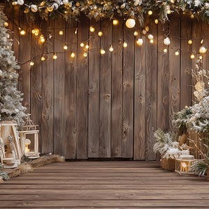 May include: A festive Christmas scene with a wooden backdrop, adorned with string lights and frosted evergreen trees. Lanterns with lit candles and decorative floral arrangements add to the holiday ambiance. The scene is set on a wooden floor.