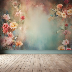 May include: A floral mural with a soft, painterly effect. The design features clusters of pink, peach, and yellow roses with butterflies against a muted background of teal, pink, and brown. Light wood flooring and a teal baseboard complete the scene.