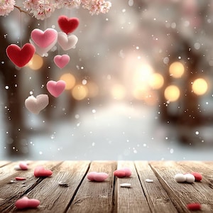 May include: A romantic scene featuring hanging heart-shaped ornaments in shades of red, pink, and white, suspended from a flowering branch. The hearts are set against a blurred, bokeh-filled background, with scattered petals on a wooden surface.