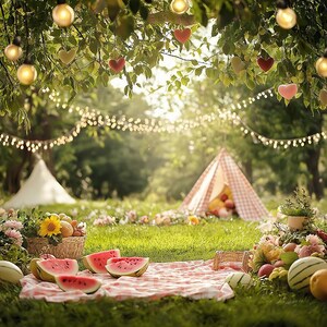 May include: A picnic scene with a red and white striped tent, a basket of fruit, and watermelon slices on a pink and white checkered blanket. The scene is decorated with string lights and heart-shaped decorations.