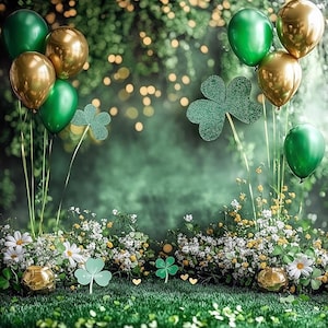 Może przedstawiać: Zielono-złote tło z balonów z wycięciami koniczyny. Balony są zielone i złote i ułożone w gromadę. Koniczyny są zielone i wycięte z papieru.