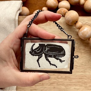 Coconut Rhinoceros Beetle Original Linocut Print - Mini Art Print, Mini Linocut Print, Handprinted Lino Art, Entomology Art