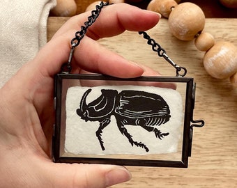 Coconut Rhinoceros Beetle Original Linocut Print - Mini Art Print, Mini Linocut Print, Handprinted Lino Art, Entomology Art