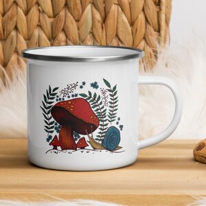 Mushroom Mug, Snail Mug, Cottagecore Mug, Forest Mug, Mystical Mug, Mushroom Mugs, Plant Lover Mug, Gardener Mug, Enamel Camping Mug