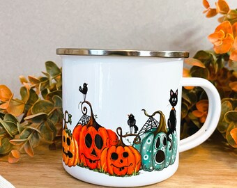 Gemütlicher Kürbis Gewürz Emaille Becher, Herbst Kaffeebecher, Pullover Wetter Becher, Herbst Kürbis Becher, Lagerfeuer Becher, Schwarze Katzen Becher, Halloween Kaffeebecher