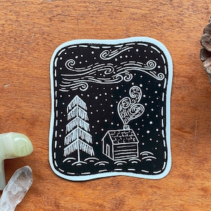 Pegatina de cabaña rústica en el bosque, pegatinas para vasos, calcomanía para auto para excursionistas, calcomanía para computadora portátil, escena de bosque, decoración de cabaña, calcomanía impermeable