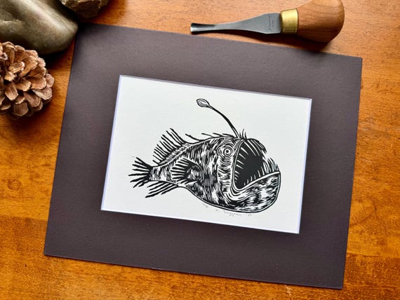 Anglerfish Linocut Print: Deep Sea Creature Art, Limited Edition Ocean Illustration