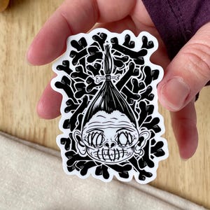 Pegatina de cabeza encogida, pegatina ilustrada de calavera y huesos, regalo de rarezas y curiosidades, decoración de rarezas, pegatina de lectura, pegatinas para vasos