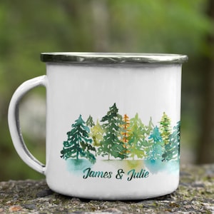 Watercolor Pine Tree Forest Custom Campfire Mug | Personalized Enamel Camping Mug | Engagement Mug | Hiking Mug | 12 OZ Enamel Mug