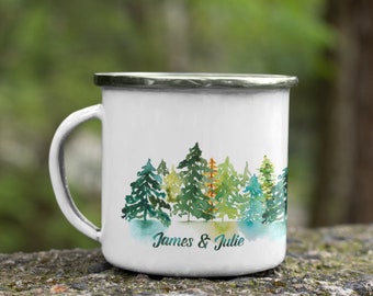 Watercolor Pine Tree Forest Custom Campfire Mug | Personalized Enamel Camping Mug | Engagement Mug | Hiking Mug | 12 OZ Enamel Mug