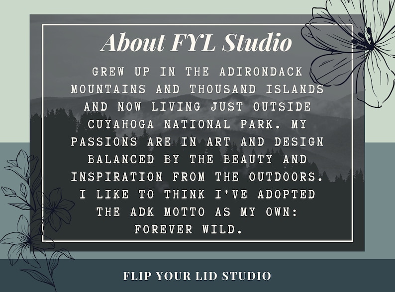 K&ouml;nnte beinhalten: Dunkelgr&uuml;ne Grafik mit dem Text "About FYL Studio" und einer Beschreibung der Inspiration des Studios durch Natur und Kunst. Der Text enth&auml;lt den Satz "Forever Wild" und "Flip Your Lid Studio".