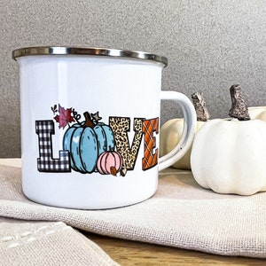 Autumn Love Enamel Mug, Fall Coffee Mug, Halloween Mug, Fall Pumpkin Mug, Campfire Mug, Halloween Enamel Mug, Halloween Coffee Mug