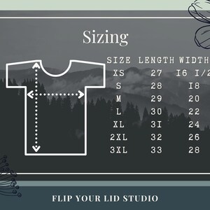 May include: Sizing chart for t-shirts with measurements in inches. The chart shows the size, length, and width of the shirts. Sizes include XS, S, M, L, XL, 2XL, and 3XL.