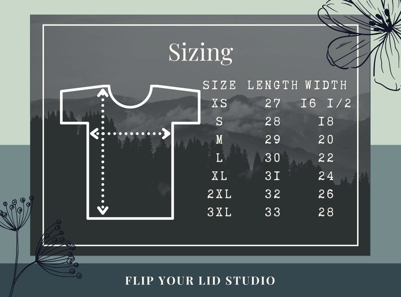May include: Sizing chart for t-shirts with measurements in inches. The chart shows the size, length, and width of the shirts. Sizes include XS, S, M, L, XL, 2XL, and 3XL.