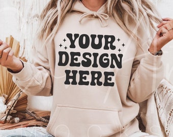 Gildan 18500 Sand Mockup, Sweatshirt Sand Hoodie G185 Mockup, Winter Boho Woman Model Blank Template, Trendy Mockups, POD Mock Download