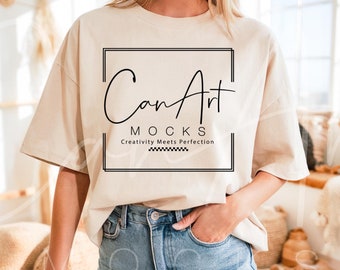Gildan 5000 Natural Mockup, Gildan Basic Natural T-shirt Mockup, Natural Tee, Heavy Cotton Shirt Mockup for POD, High-Quality Apparel Mockup