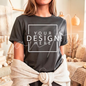 Bella Canvas 3001 Mockup Asphalt T-Shirt Mockup Bella Canvas Asphalt Mockup BC 3001 Woman Model High-Quality Trendy Mockup Template Download
