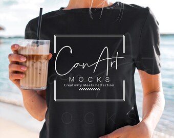 Bella Canvas 3001 Black T-Shirt Summer Mockup, Beach Inspired Mockup,  Professional Summer Shirt Mockup For Branding BC 3001 Mockup