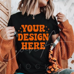Gildan 5000 Black Mockup, Halloween T-Shirt Mockup, Oversized T-Shirt Mockup, Woman Model Mockup, Aesthetic Trendy Mockup, Boho Lifestyle