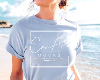 Bella Canvas 3001 Light Blue T-Shirt Summer Mockup, Beach Inspired Mockup,  Professional Summer Shirt Mockup For Branding BC 3001 Mockup