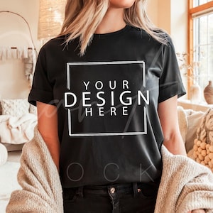 Bella Canvas 3001 Mockup, Black T-Shirt Mockup, Bella Canvas Black Mockup, BC 3001 Woman Model High-Quality Trendy Mockup Template Download