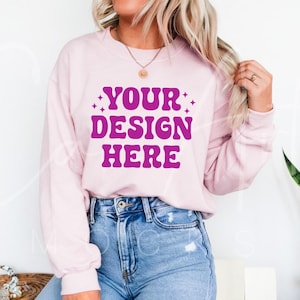 Gildan 18000 Light Pink Mockup, Crewneck Sweatshirt Mockup, G180 Mockup Woman Model Mockup Light Pink Sweater Blank Mockup Template Download