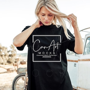 Bella Canvas 3001 Black T-Shirt Mockup, Unisex Tee Woman Model Mockup, Digital Tee Mockup, Boho T-Shirt Mockup, High Quality BC 3001 Mockup