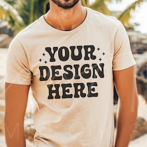 Gildan 5000 Sand Mockup, Male Model Beach Mockup for Men, Summer Mockup, Sand Color Tee Shirt Mockup, Boho Mockup, Beach Background