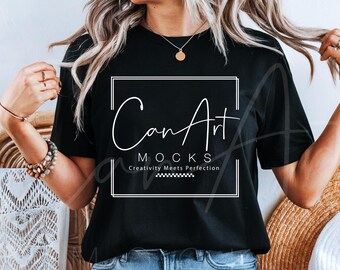 Bella Canvas 3001 Schwarz T-Shirt Mockup, BC 3001 Schwarz Oversized Mockup, Frau Modell Mockup, Boho Lifestyle Blanko Shirt Digital Download