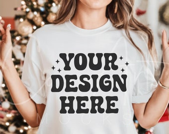 Christmas T-Shirt Mockup, Comfort Colors White Mockup, C1717 Tee Shirt Xmas Mockup White Color Tee Shirt Boho Woman Model Digital Download