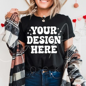 Bella Canvas 3001 Black Tee Mockup, Valentine&#39;s Day Black Shirt Mockup, Woman Model Blank Tee Template, Digital File, Apparel Clothing Mock