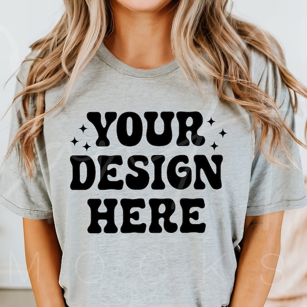 Bella Canvas 3001 Athletic Heather Mockup, BC3001 Light Grey Mockup, Sport Grey Tee Shirt Mockup, Boho Woman Model, Casual Tee Lifestyle POD