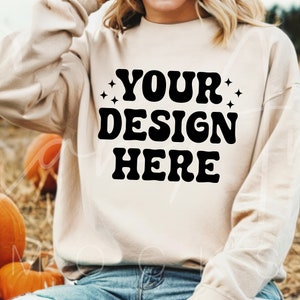 Sand Crewneck Mockup, Fall Mockup, Pumpkin Patch Mockup, Gildan 18000 Sand Sweatshirt Woman Model Mockup, Boho Mockup, Trendy Mockups