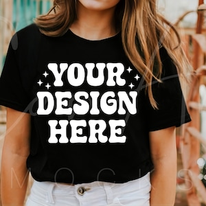 Black T-Shirt Mockup, Bella Canvas 3001 Black Mockup, Blank, High-Resolution Black Tee Mockup Boho Woman Model, BC3001 Shirt Mockup Download