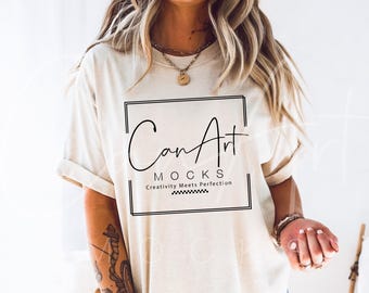 Gildan 5000 Natural Mockup, Natural Tee Shirt Mockup, Oversized Boho Woman Model Digital Mockup, Minimalist Lifestyle Shirt Mockup
