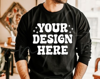 Male Model Black Crewneck Mockup, Gildan 18000 Black Mockup, Man Mockup, G180 Sweater Sweatshirt Mockup,High-Resolution,  Gildan 18000 Black