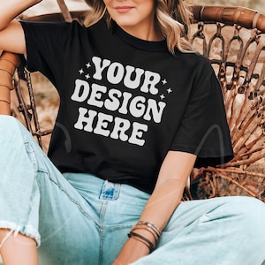 Black Shirt Mockup, Comfort Colors C1717 Black T-Shirt Boho Woman Model Mockup, Blank Black Tee Shirt Mockup Outdoor Lifestyle Black T-Shirt
