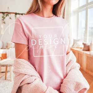 Bella Canvas 3001 Mockup Soft Pink T-Shirt Mockup Bella Canvas Soft Pink Mockup BC 3001 Woman Model High-Quality Trendy Mockup Template