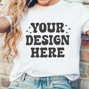 Gildan 5000 White Mockup, Gildan White T-Shirt Woman Model, Gildan White Tee Mockup, Print on Demand, Trendy Female Model Mockup, Aesthetic