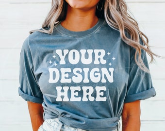 Comfort Colors C1717 Blue Jean Shirt Mockup, C1717 Model T Shirt Showcase, Blue Tee Mock, Colors Shirt Display, Casual Shirt Mock Template