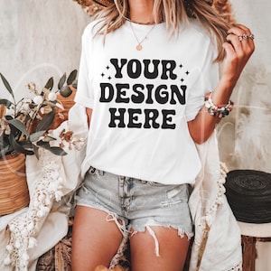 Print On Demand T-Shirt Mockup, Comfort Colors C1717 White Mockup, Oversized Woman Model Mockup, Blank White Tee Mockup Template Download