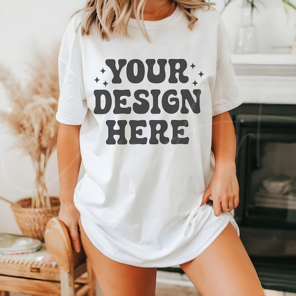 Bella Canvas 3001 White Tee Mockup with Model, Boho Realistic White T-Shirt Mockup Lifestyle White Tee Mockup, Casual T-Shirt Mockup Modern