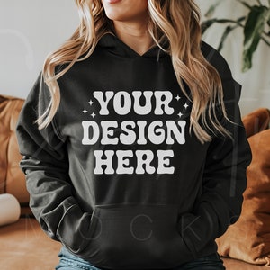 Black Hoodie Mockup, Gildan 18500 Blank Mockup, Women Model, Women's Hoodie Template, G185 Mock, Casual Black Hoodie, Showcase Mockup