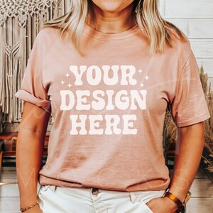 Heather Peach T-Shirt Mockup, Bella Canvas 3001 Peach Tee, Aesthetic Woman Model Mockup, Bohemian Chic Peach Shirt Mockup Tee Shirt Mockup