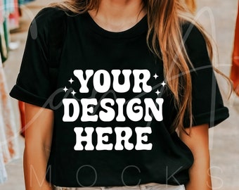 Black Gildan Mockup, Gildan 5000 Black T-Shirt Mockup, Boho Woman Model Tee Shirt Mockup, Gildan Heavy Cotton 5000 Mockup Casual Mockup