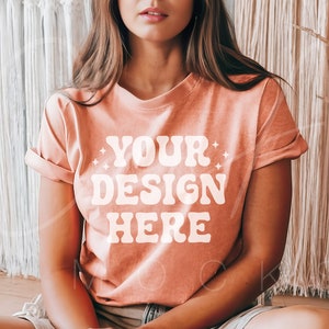 Bella Canvas 3001 Mockup, Heather Peach T-Shirt Mockup, BC3001 Peach Color, High-Resolution Blank Peach Tee Shirt Mockup Unisex Shirt Mockup