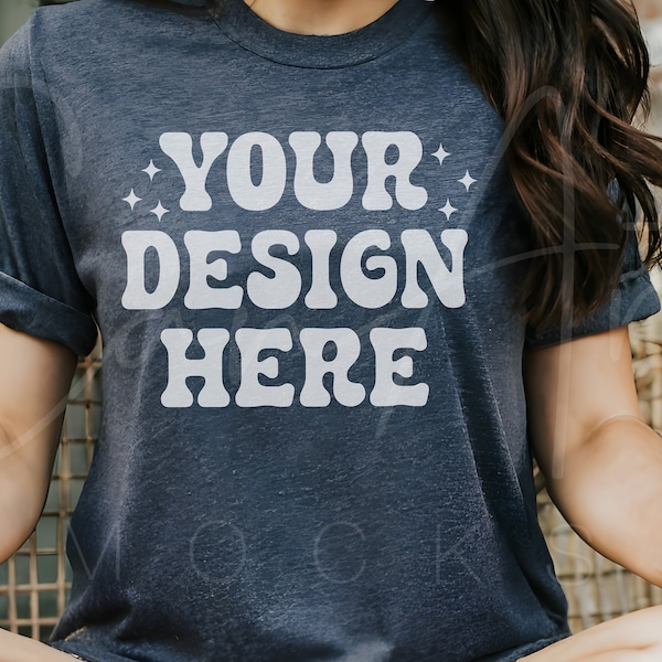 Heather Navy T-Shirt Mockup Bella Canvas 3001 Mockup High-Quality Shirt Mockup Customizable T-Shirt Mockup, for Print-On-Demand Clothing